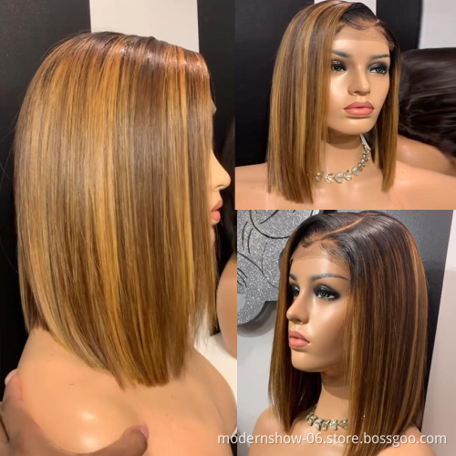 Highlight Color Lace Front Human Hair Wigs 150% Density Brazilian Virgin Straight Hair Blonde Short Bob Glueless T Lace Wigs